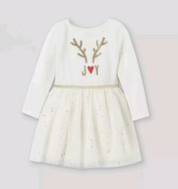 Toddler Girls&#39; Glitter Deer Long Sleeve Tutu Dress - Cat &amp; Jack Cream 12M - $14.01