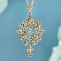 Natural Peridot and Opal Vintage Style Floral Heart Pendant in Solid 9K Gold - £710.13 GBP