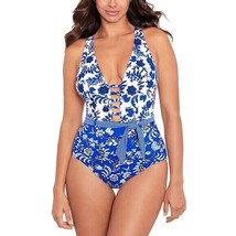 Skinny Dippers Size M One-Piece Blue Rosa Ladder Plunge Floral Swimsuit NWT - $42.06