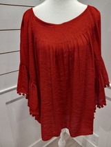 Women Size Large Red Shirt Top With Pom Pom Sleeves Valentines Day - $10.99