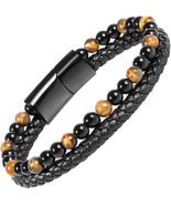 Men&#39;s Handmade Black Leather Tiger Eye Bracelet for Courage and Stress R... - $24.06