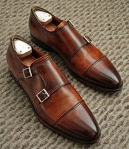 Handmade Double Monk Cap Toe Formal Brown Color Shoes For Men&#39;s - £124.51 GBP