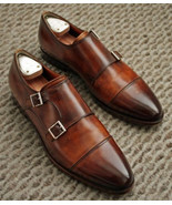 Handmade Double Monk Cap Toe Formal Brown Color Shoes For Men&#39;s - £125.62 GBP