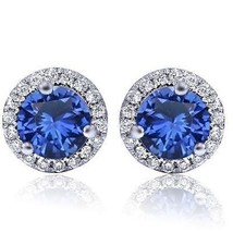1ct Brilliant Cut Blue Sapphire &amp; Diamond Halo Studs 14K White Gold Earrings - £330.23 GBP