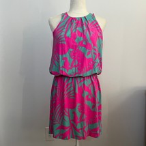 Tori Richard Honolulu Palm Print Fia Halter Mini Dress Medium Pink Aqua - $39.99