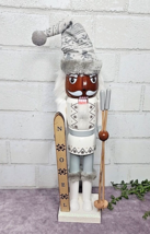 African American Skier Santa Claus Nutcracker Ski Poles Skis Christmas Wood 15&quot; - £24.89 GBP