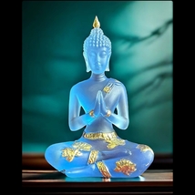 Buddha STATUE-BLUE Clear GLAZE-Resin-4.5 in-Shakyamuni With Gold-FAST Free Ship - £19.33 GBP