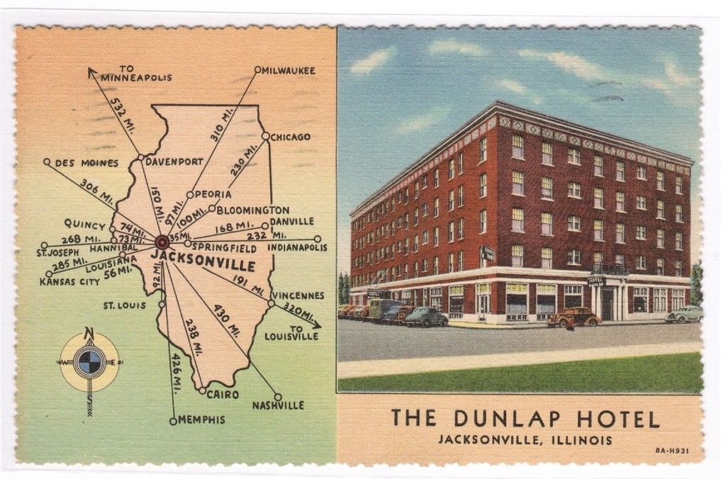 Dunlap Hotel Jacksonville Illinois Map 1940 postcard - £3.16 GBP