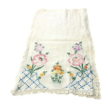 Vintage Embroidered Runner 36x11 Dresser Buffet Scarf Flowers Crochet Edge - $28.93