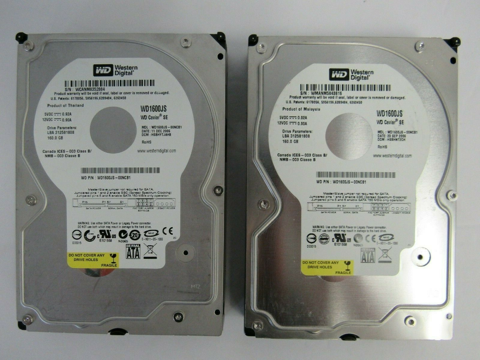 Western Digital LOT OF 2 WD1600JS WD1600JS-00NCB1 160GB 3.5" 7.2K SATA HDD 21-4 - $14.19