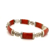 Vintage Sterling Signed 925 FAS Red Jade Chinese Character Charm Bracelet 7 1/4&quot; - £51.43 GBP