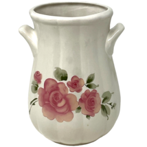 Vintage Roseland Floral Stoneware Utensil Holder 6&quot; Gibson Designs White Pink - $13.00