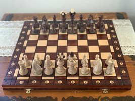 Large Handmade Detailed Travel Wooden Chess Set 19 In Folding Board 3.75 In King - £73.78 GBP