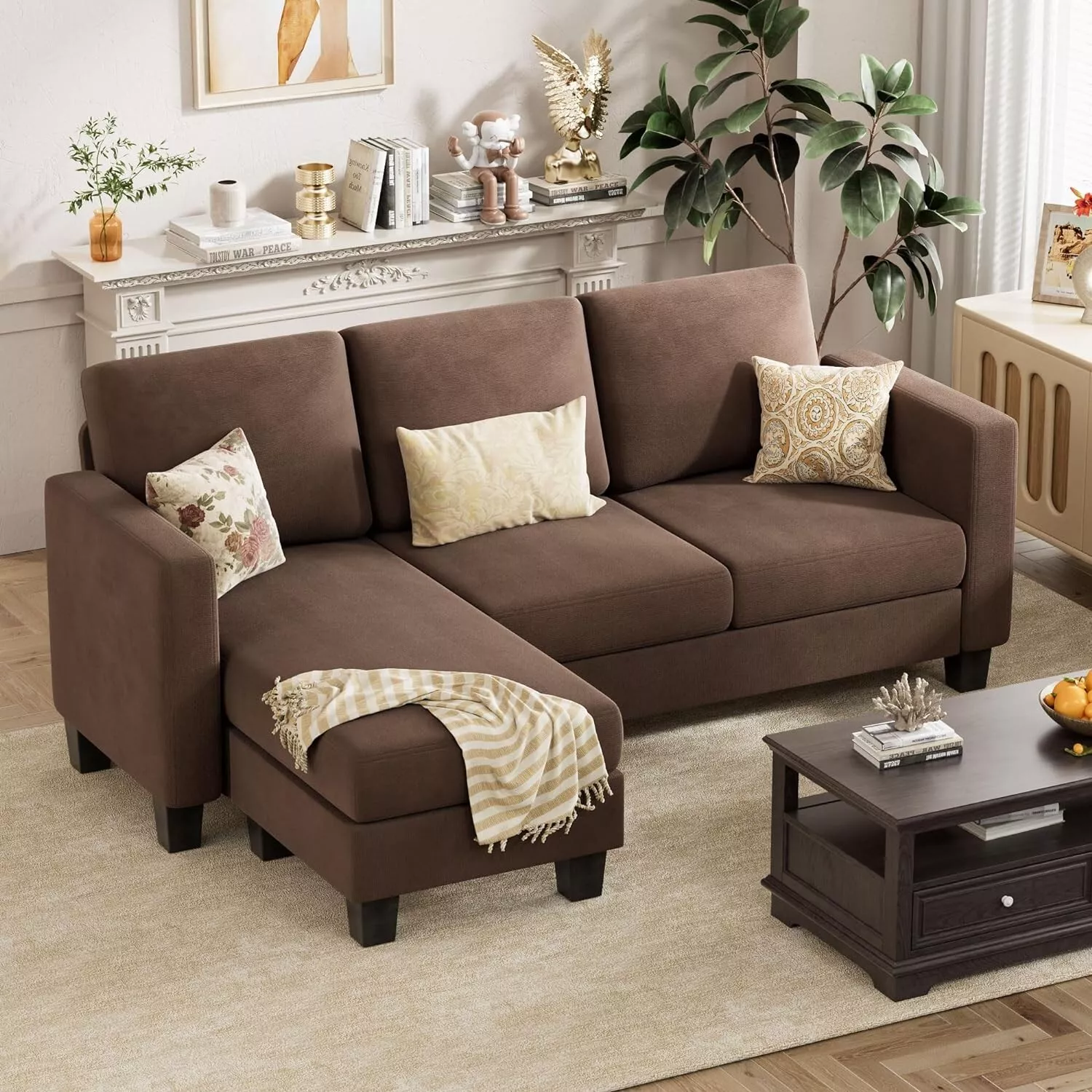 Brown Fabric L-Shaped Sectional Sofa Living Room Couch With Reversible O... - $442.09 CAD