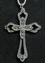 GORGEOUS 925 Sterling Silver Marcasite Fleur De Lis Cross Pendant 18&quot; Box Chain  - £24.03 GBP