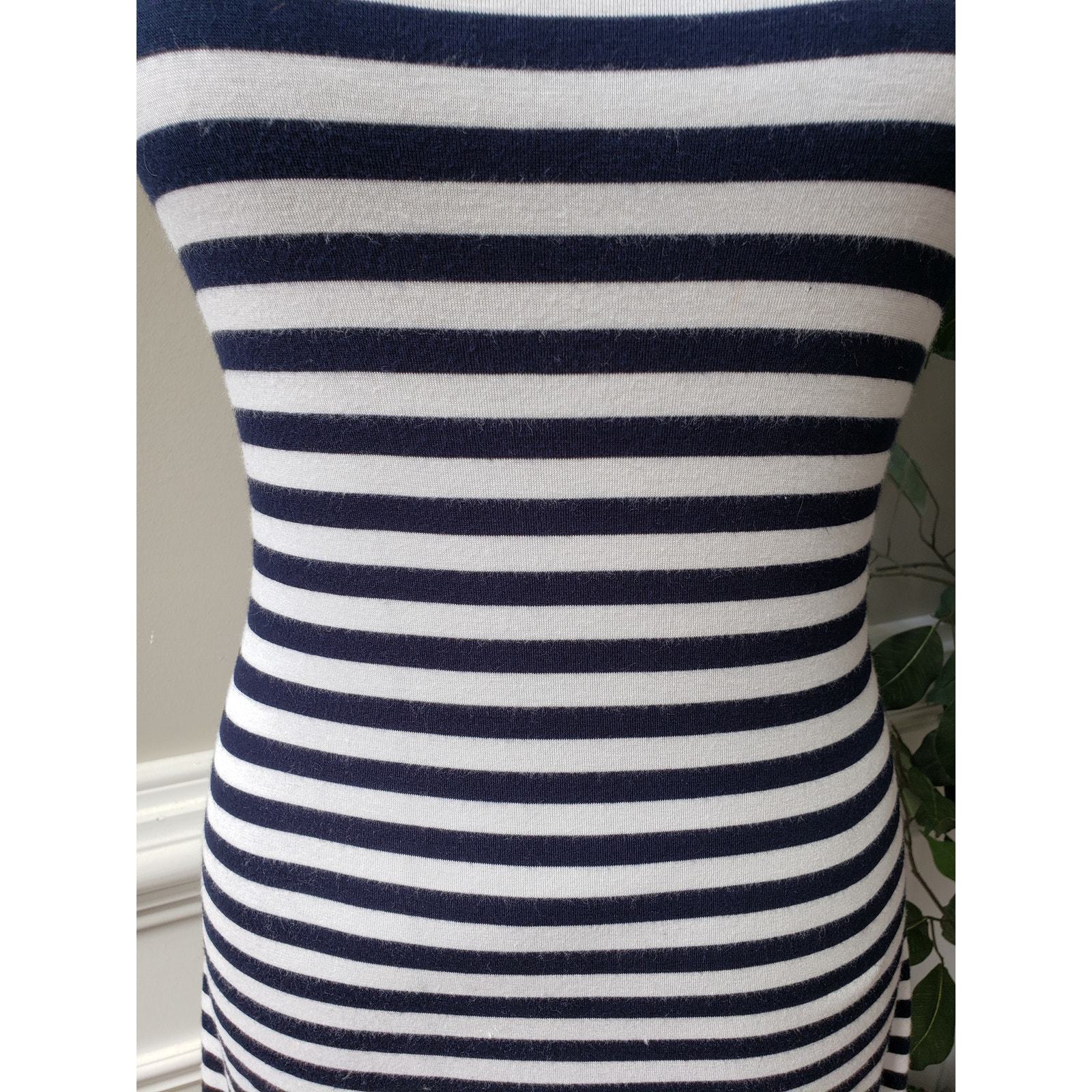 Belldini Top Blouse Womens Small White Blue Striped Embellished Asymmetrical Hem Item image 9