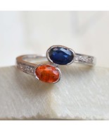 Natural Blue &amp; Orange Sapphire Gemstone Diamond 925 Silver Promise Ring ... - $213.25 CAD