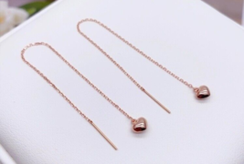 18ct Solid Rose Gold Drop Heart Dome Chain Earrings, 18K, long, dangle, gift - £139.92 GBP