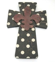 Wooden Cross Black with White Dots and Rust Fleur de Lis Wall Hanging 8x12 - £7.90 GBP
