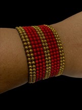 hand made beaded wide bracelet red &amp; gold beads 7”-7.5” - $16.62