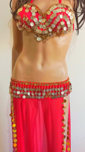 Red Egyptian Belly Dance Costume Embroidered Gold Coins Bra&amp; Long Slited... - £48.78 GBP