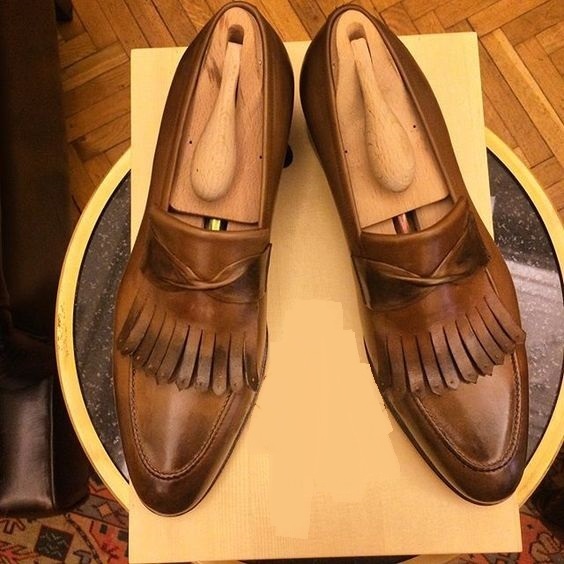 Hand Made Men Tan Loafer Tassels Rounded Toe Genuine Leather Shoes US 7-16