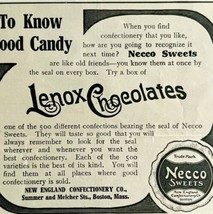 1906 Necco Sweets Lenox Chocolates Advertisement Candy Ephemera 3.75 x 4.5&quot; - $19.99