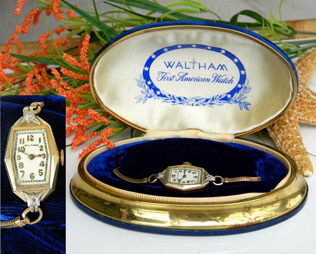 Primary image for Vintage Waltham Art Deco Ladies Wrist Watch Blue Velvet Case