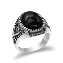 Real 925 Sterling Silver Islamic Men Ring with Black Onyx Stone Ring Double Swor - £37.72 GBP