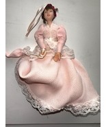 Vintage Porcelain Victorian Lady Doll Pink Dress Lace Hat 8” Handmade - $14.85