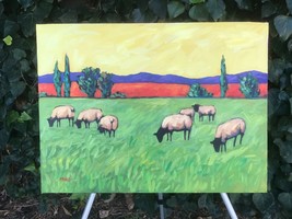 PATTY BAKER Original GRAZING SHEEP MODERN ABSTRACT LANDSCAPE Signed Oil ... - $1,200.00