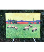 PATTY BAKER Original GRAZING SHEEP MODERN ABSTRACT LANDSCAPE Signed Oil & Canvas - $1,200.00