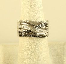 Vintage Sterling Silver Signed JWBR Black &amp; White Diamond Crossover Ring 7 1/2 - £99.22 GBP
