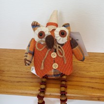 Owl Shelf Sitter, Plaid Fabric, wearing waistcoat and hat, bead legs, fall decor image 6