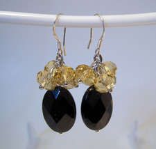 Earrings Sterling Silver Dangle Black Onyx Yellow Crystals - £7.83 GBP