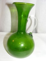 Vintage Green Glass Vase Pitcher Crystal Applied Handle - $553.18 MXN