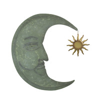 Verdigris Green Finish Metal Crescent Moon Wall Hanging With Sun Or Star Dangler - £47.06 GBP