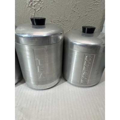 Vintage MCM Spun Aluminum Canister Set Flour Sugar Coffee Tea Lids Black Grease Item image 5