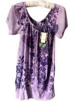 Fang Size S Purple Floral Sheer Gauze Shirt Top Keyhole Back Boho Knit Trim New - £11.13 GBP