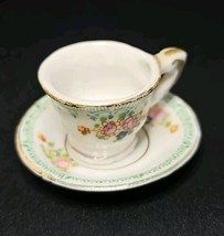 Vintage Miniature Tiny Tea Cup &amp; Saucer Set Made In Occupied Japan Green Floral - $21.33