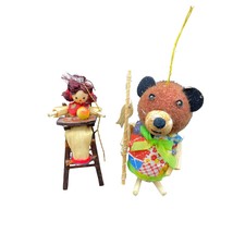 2 vintage Corn husk Christmas ornaments Fishing Mouse and baby in highchair - £11.81 GBP