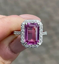 4Ct Emerald Cut Simulated Pink Sapphire Engagement Ring 14K White Gold Plated - £52.30 GBP
