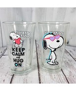 Peanuts Snoopy 16oz Drinking Glass Set 2 Keep Calm Hug On Hearts Love - £22.46 GBP