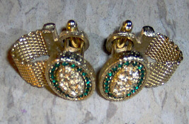 Dante Vintage Cufflinks Wrap around Mesh gold color green color encruste... - $112.29