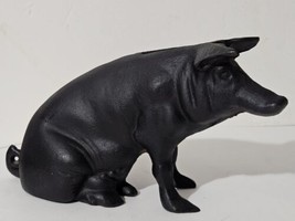 Vintage Black Cast Iron Pig Piggy Bank Doorstop Primitive 10&quot; W x 5.5&quot; T - £29.51 GBP