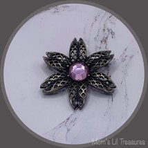 Pink Purple Rhinestone Filigree Flower Brooch Silver Tone • Vintage Jewelry - £7.06 GBP