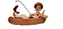 Vtg Signed Tom Schoolcraft Sculptures Canoe Fishing Cowboy 9&quot; Pottery Sedona - £29.86 GBP