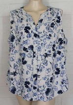 Anne Carson 1X Blue White Floral Linen Blend Sleeveless Button Front Top - £11.48 GBP