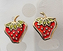 Avon Strawberry Red Green Enamel Gold Tone Vintage Signed Pierced Earrings 70s - £8.78 GBP