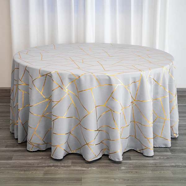 Silver - 120&quot; Round Polyester Tablecloth With Gold Foil Geometric Pattern - £39.99 GBP